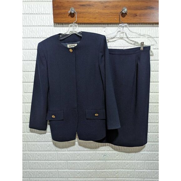 Kasper for A.S.L. Women's Navy Blue 2 Piece Set Lined Wool Skirt Suit Size 8 - Picture 1 of 7